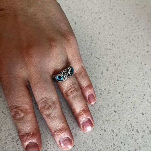 Retro Blue Eye Owl Open Ring, Exaggerated Animal Adjustable Finger Ring - Picture 7 of 12
